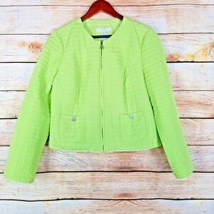 Chicos Womens Size 1 Square Quilted Zip Up Jacket Bright‎ Neon Green Soft Shell